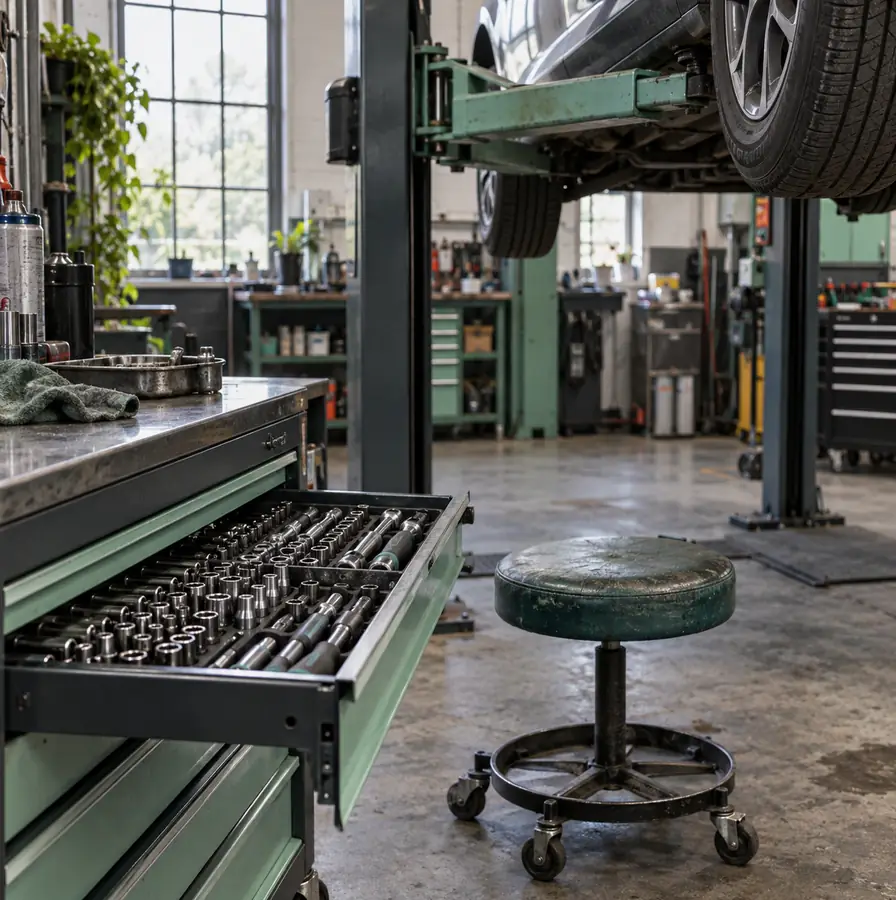 Illustration of auto repair shops equipment and workspace